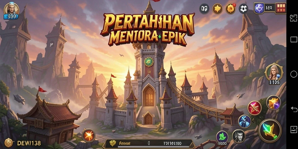 Tangkapan layar utama DEWI138 menampilkan aksi pertahanan menara seru.