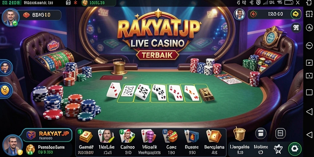 Screenshot gameplay RAKYATJP yang menampilkan dealer dan permainan Live Casino.